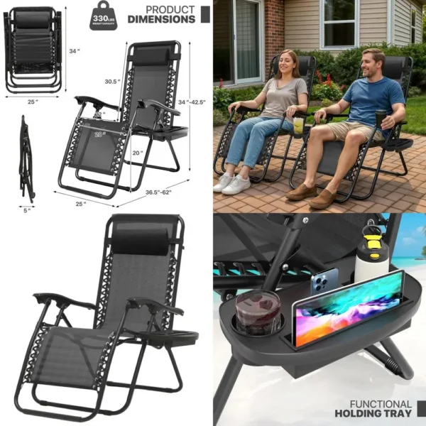Portable Zero Gravity Recliner Chair with Cup Holder and Side Tray, Ideal for Outdoor, Patio, Beach, and Backyard, Black