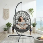 Oversized Hanging Egg Chair with Stand, Indoor Outdoor Wicker Bird Cage Swing Chair, Patio Hammock EggShaped Swinging Chair with