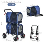Double Pet Stroller with 2 Removable Carrying Bags, Safety Strap, 4 Lockable Wheels, Foldable Cat and Dog Stroller - Image 5
