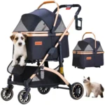 Lightweight Pet Stroller for Small Dogs and Cats with Shock Absorption, Detachable Carrier for Car Seat and Hand Carry, Black