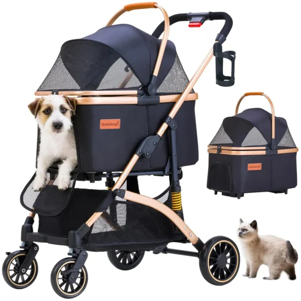 Lightweight Pet Stroller for Small Dogs and Cats with Shock Absorption, Detachable Carrier for Car Seat and Hand Carry, Black