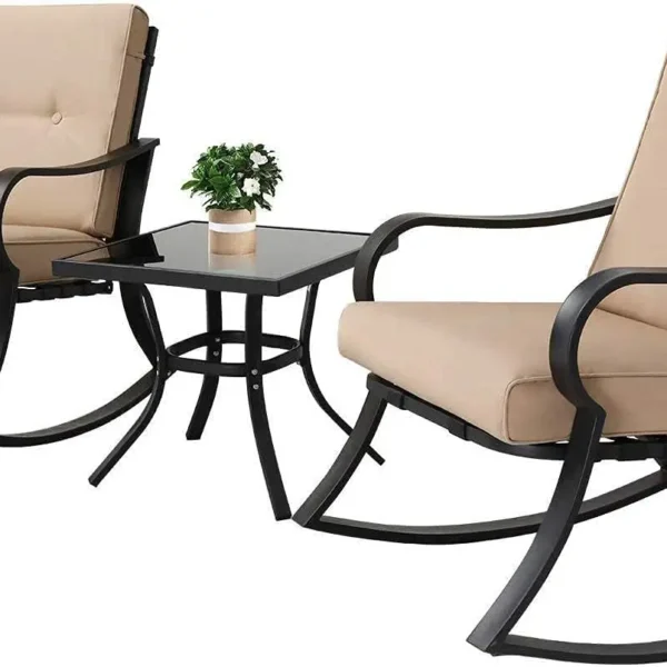 Outdoor Furniture 3 Piece Conversation Bistro Set Rocking Chairs and Glass Top Table, Thick Cushions, Black, Customized
