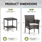 Outdoor 3 Piece Patio Furniture Set Wicker Chairs with Glass-top Coffee Table for Garden, Balcony, and Porch (Brown), Customized - Image 6