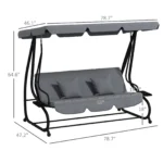 Outdoor 3-Person Patio Porch Swing Hammock Bench with Adjustable Canopy, Grey - Image 6