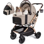 5-in-1 Foldable Pet Stroller for Small Dogs Cats, Waterproof Carrier, All-Terrain Wheels, 55lbs Capacity - Khaki