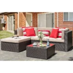 5-Piece Outdoor Patio Furniture Set, Sectional Sofa with Weather-Resistant Rattan, Ottoman, and Glass Table, Ideal for Backyard