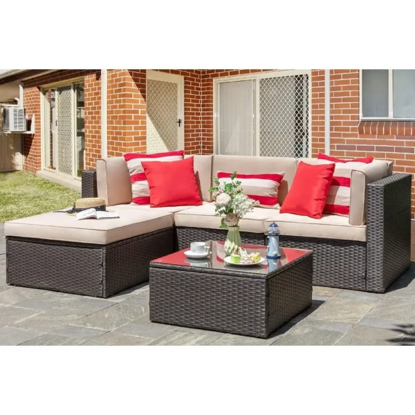5-Piece Outdoor Patio Furniture Set, Sectional Sofa with Weather-Resistant Rattan, Ottoman, and Glass Table, Ideal for Backyard