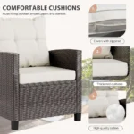 Compact Outdoor Wicker Bistro Set with Cushioned Chairs and Glass Table for Patio, Garden, Backyard, Balcony, Poolside (Beige) - Image 4