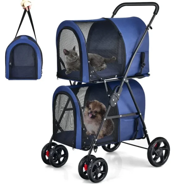 Double Pet Stroller with 2 Removable Carrying Bags, Safety Strap, 4 Lockable Wheels, Foldable Cat and Dog Stroller