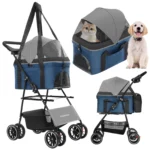 Foldable 4-Wheel Pet Stroller for Small to Medium Dogs And Cats with Detachable Carrier 2-in-1 Easy Lock Canopy