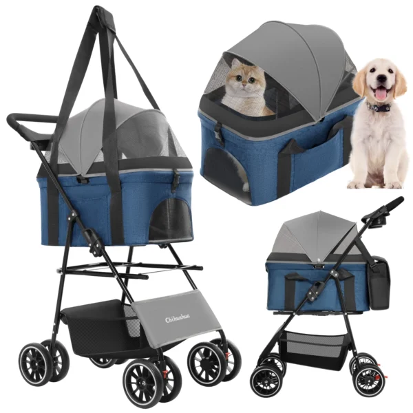 Foldable 4-Wheel Pet Stroller for Small to Medium Dogs And Cats with Detachable Carrier 2-in-1 Easy Lock Canopy