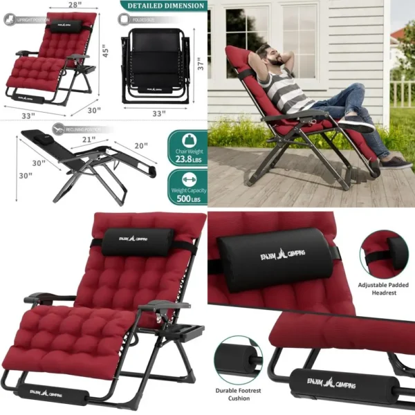 XXL 33 Zero Gravity Recliner with Cushion, Outdoor Patio Lounge Chair, Pillows, Cup Holder, Footrest, Padded Support up to 500LB