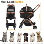 Folding Stroller All Terrain 4 Wheels Puppy Cage Jogger Stroller with Detachable Carrier with Sun Shades for Large & Medium Dogs - Image 6