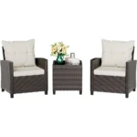 Compact Outdoor Wicker Bistro Set with Cushioned Chairs and Glass Table for Patio, Garden, Backyard, Balcony, Poolside (Beige)