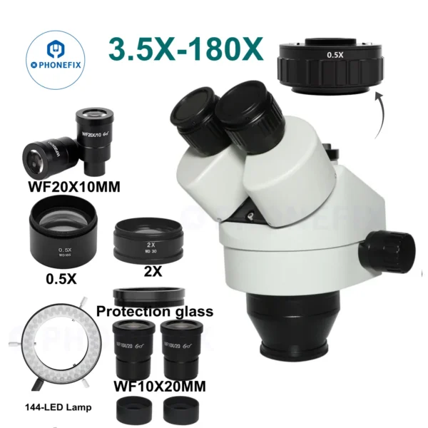 3.5X-180X Simul-Focal Trinocular Microscope Zoom Stereo Microscope Head 0.5X 2.0X Auxiliary Lens for Industrial Video Microscope