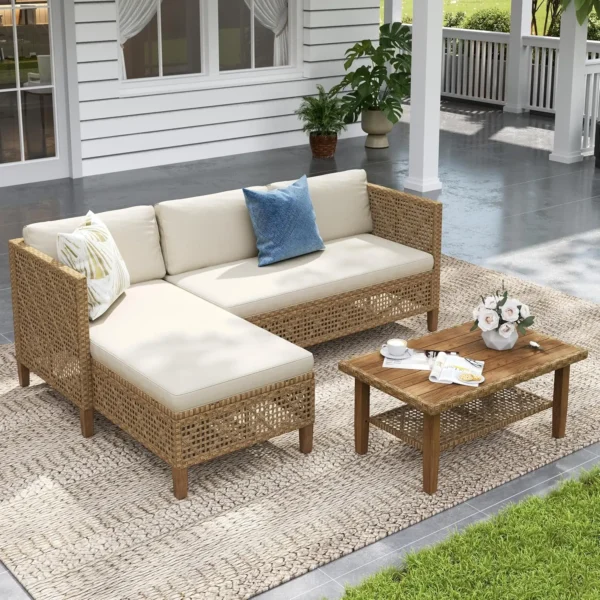 Boho Rattan Patio Sectional Set with Thick Cushions & Coffee Table – Balcony, Backyard & Poolside Outdoor Furniture,Customized